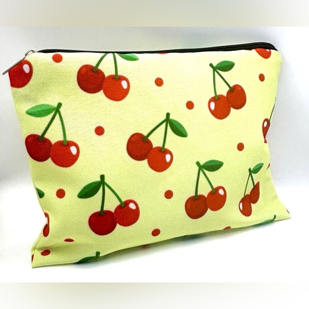 Vibrant Yellow Red Cottage Cherry Cherries Zippered Pouch Cosmetics Makeup Bag